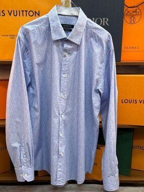Bugatchi Blue and White Geometric Dress Shirt